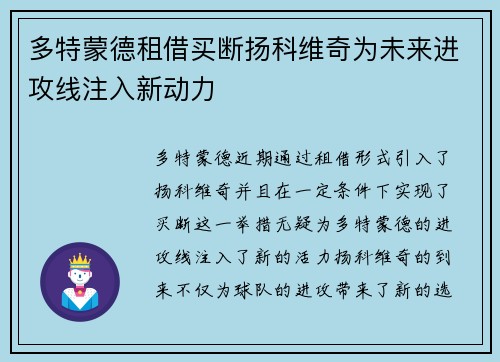 多特蒙德租借买断扬科维奇为未来进攻线注入新动力