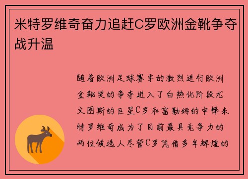 米特罗维奇奋力追赶C罗欧洲金靴争夺战升温
